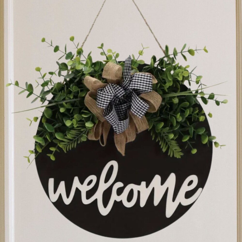 Welcome Sign Rustic Farmhouse Front Door Wreath Buffalo Plaid Check Black White